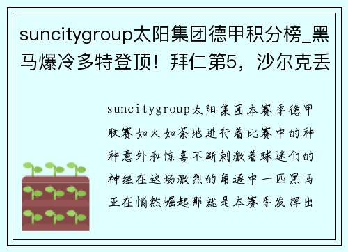 suncitygroup太阳集团德甲积分榜_黑马爆冷多特登顶！拜仁第5，沙尔克丢11球垫底！ - 副本
