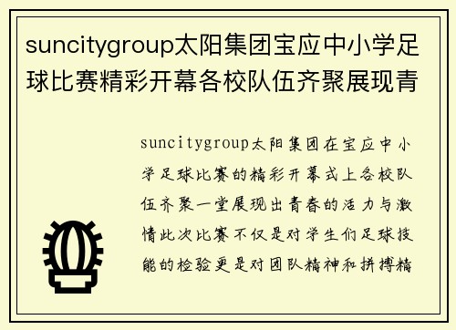 suncitygroup太阳集团宝应中小学足球比赛精彩开幕各校队伍齐聚展现青春风采